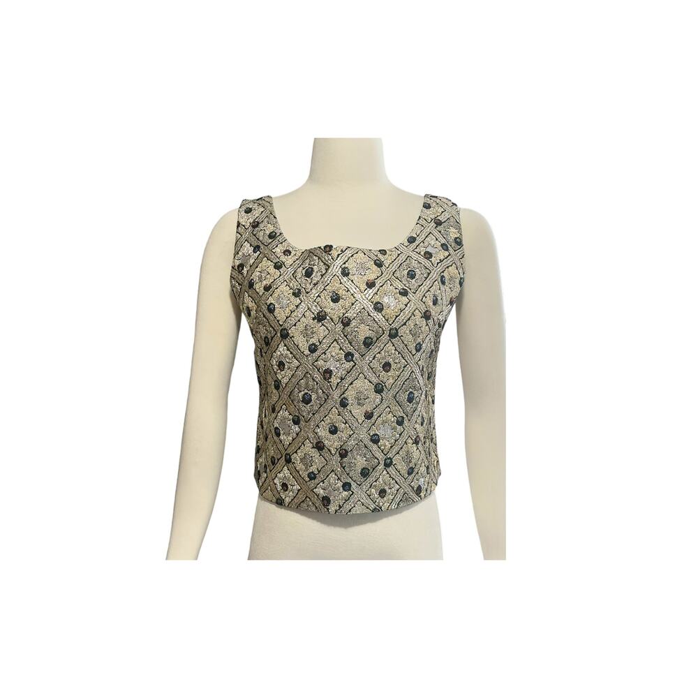 1960s Mod Lamé Sleeveless Top Geometric Gold & Silver